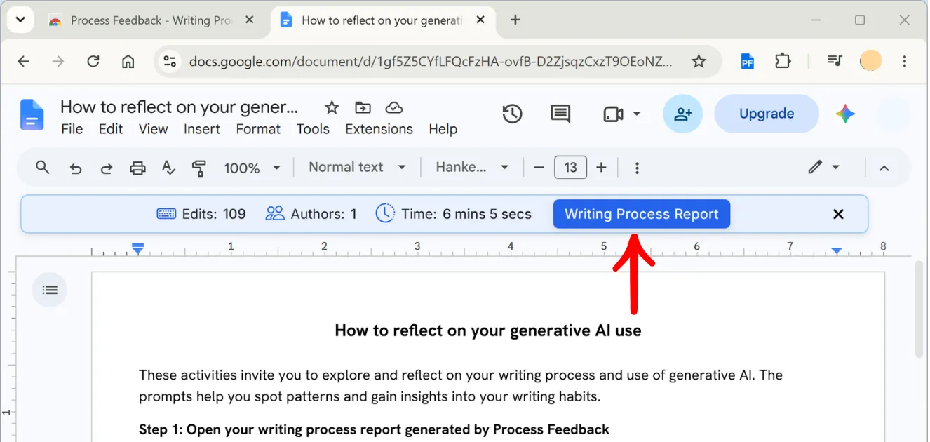 A Google Docs document with the Process Feedback ribbon showing edits, authors, and time, and the Writing Process Report button highlighted