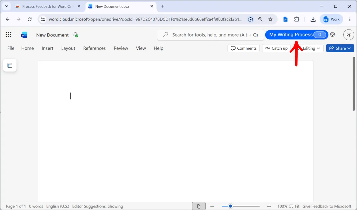 An empty Word Online document with the My Writing Process button and its zero counter highlighted in the toolbar
