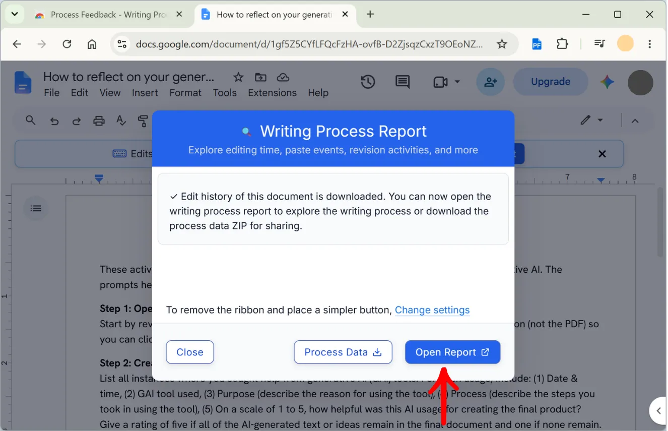 The Writing Process Report dialog in Google Docs confirming the edit history was downloaded, with the Process Data and Open Report buttons