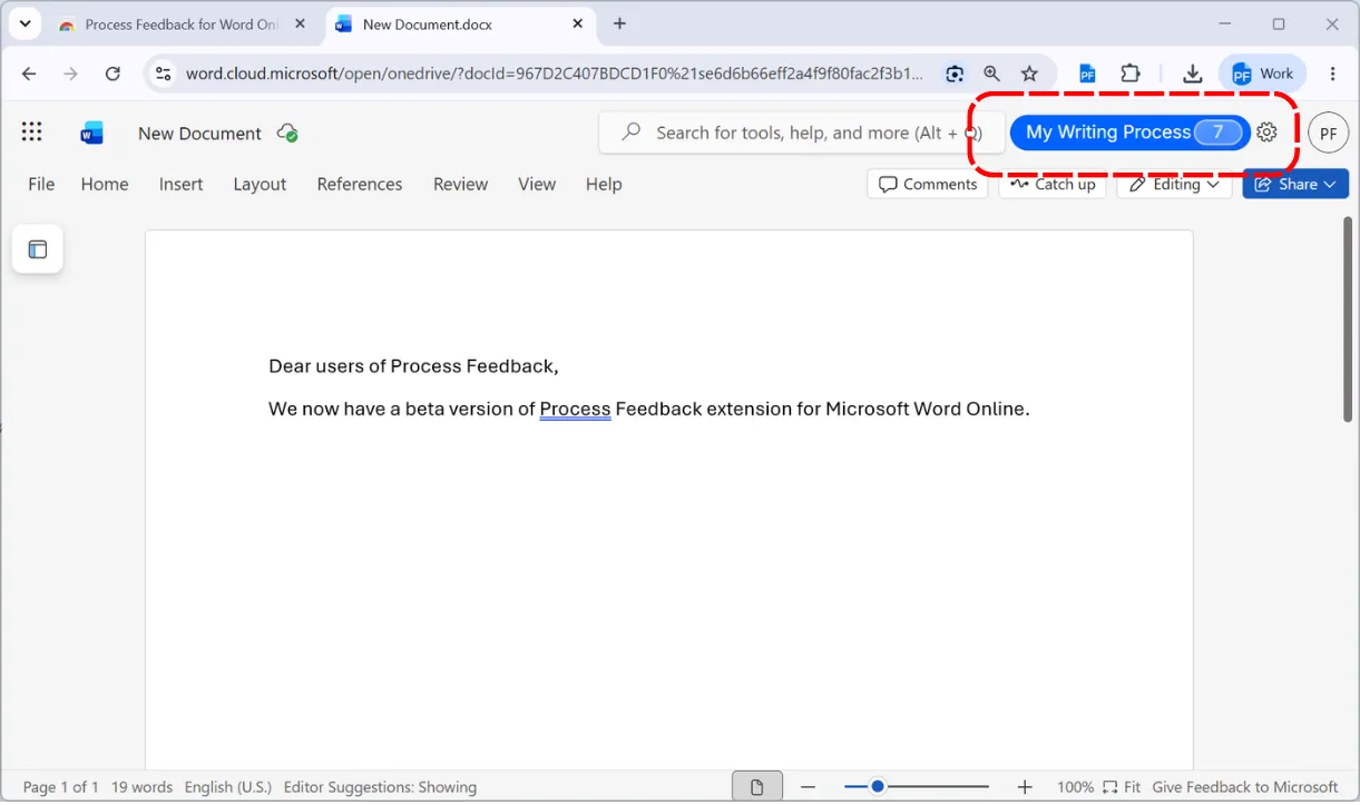 A Word Online document with two sentences typed and the My Writing Process counter showing 7 snapshots, circled in red