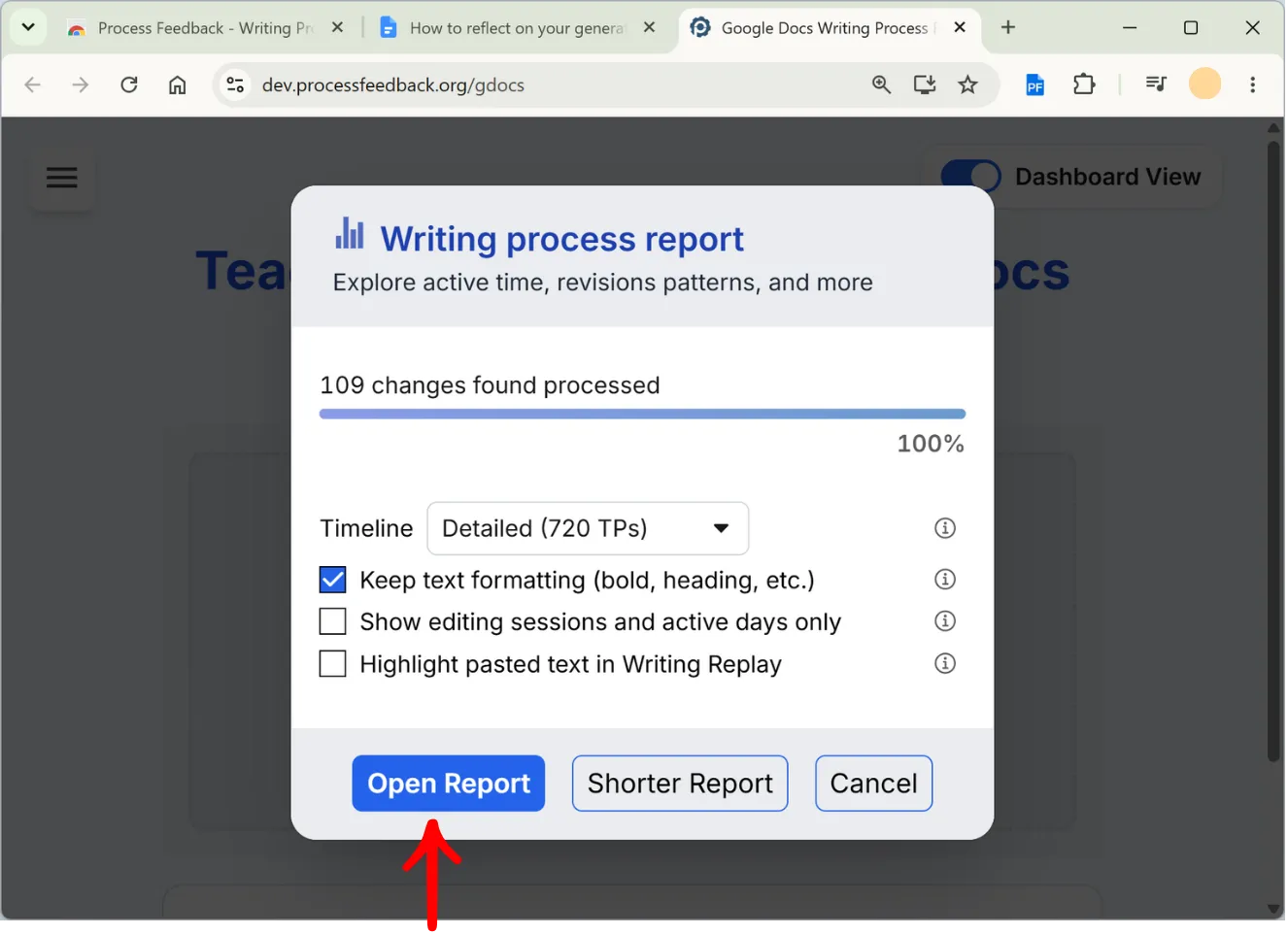 The writing process report options dialog showing 109 changes processed, timeline detail, and report checkboxes, with the Open Report button highlighted