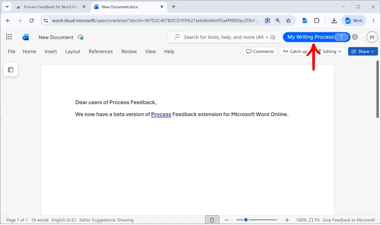 The Word Online toolbar with an arrow pointing at the My Writing Process button
