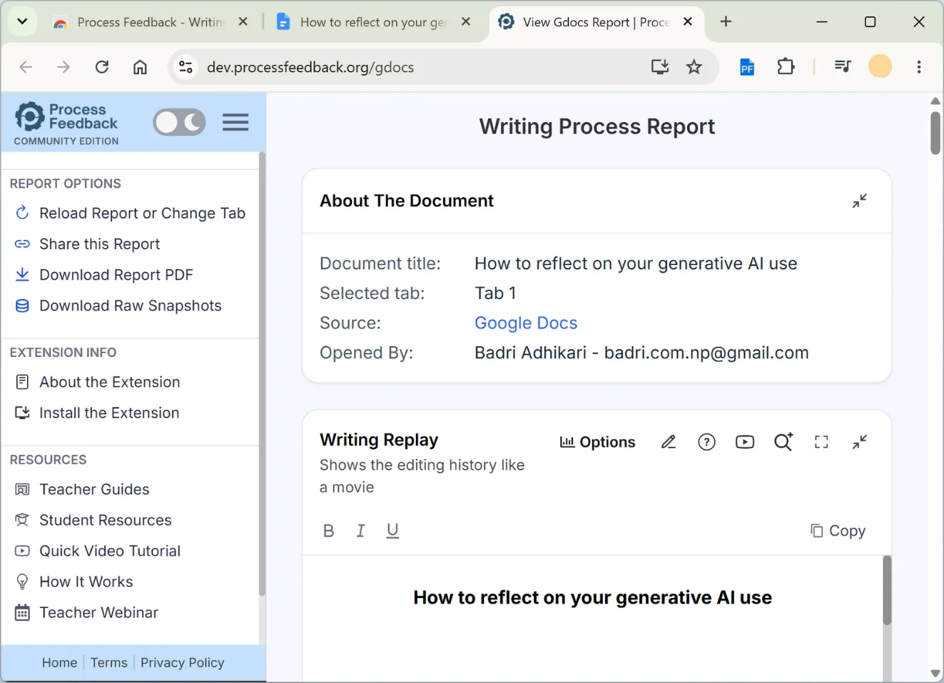 The Writing Process Report page showing the About The Document summary and the beginning of the Writing Replay section