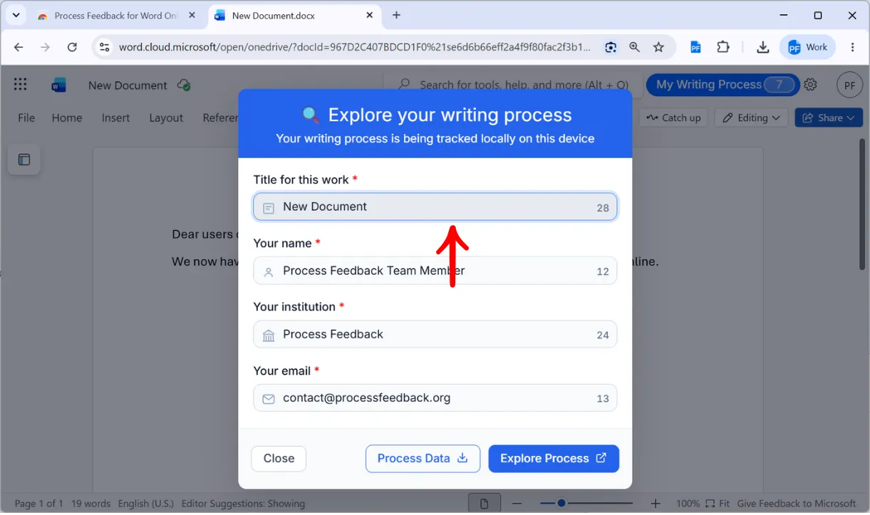 The Explore your writing process dialog with fields for title, name, institution, and email, and a note that the writing process is tracked locally on this device