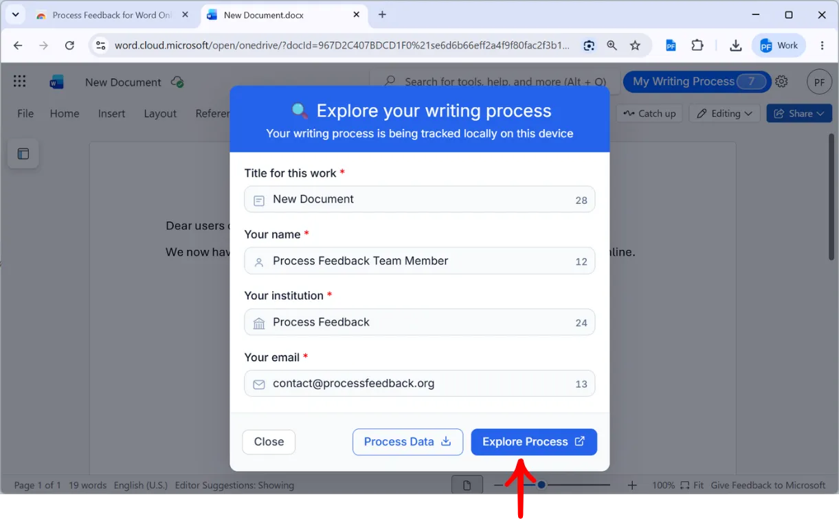 The Explore your writing process dialog with an arrow pointing at the Explore Process button, next to the Process Data download button