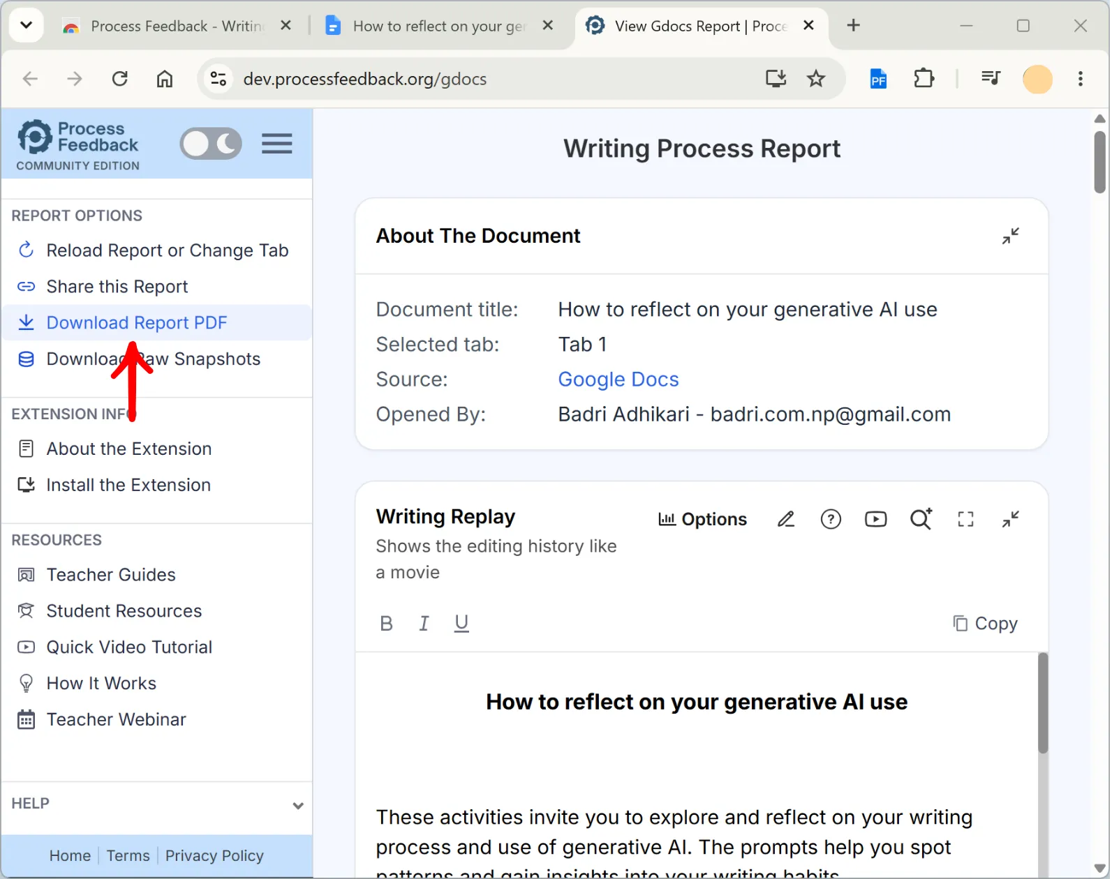 The report sidebar showing Share this Report, Download Report PDF, and Download Raw Snapshots options