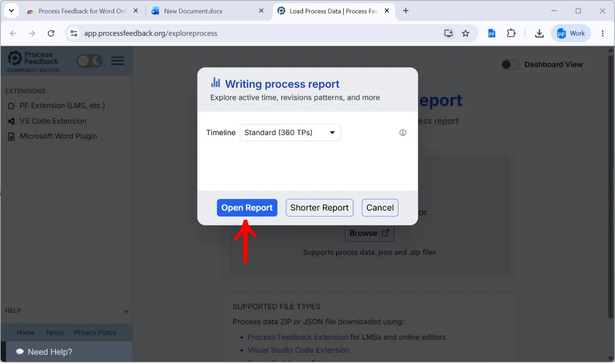 The Writing process report dialog on the Process Feedback site with Timeline set to Standard and the Open Report button highlighted
