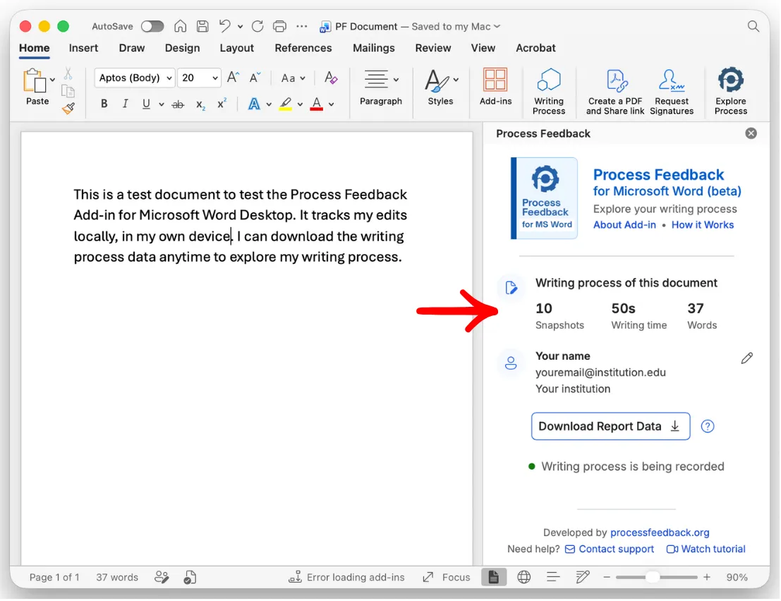 A document in the Word desktop app on a Mac with the Process Feedback panel open beside it, showing snapshots, writing time, and word count for the document