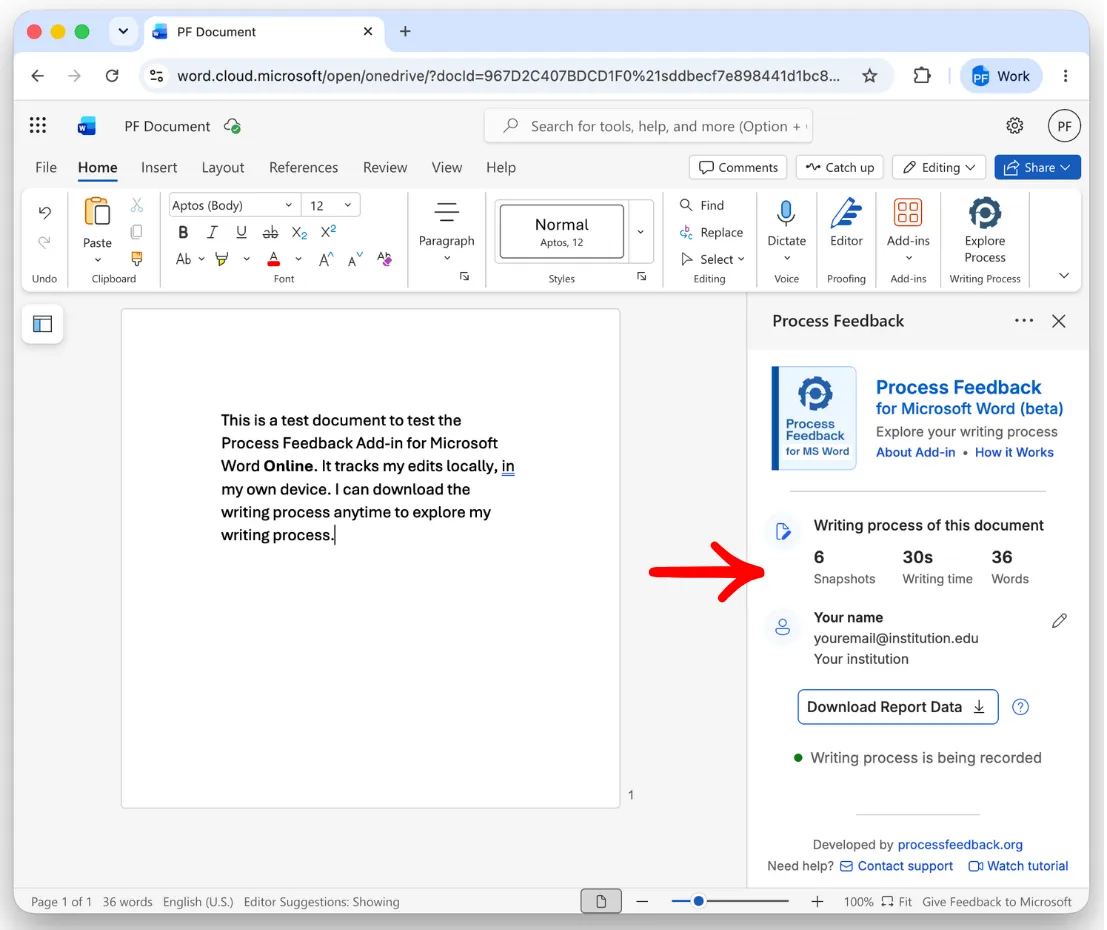 A Word Online document in the browser with the Process Feedback panel open beside it, showing snapshots, writing time, and word count for the document