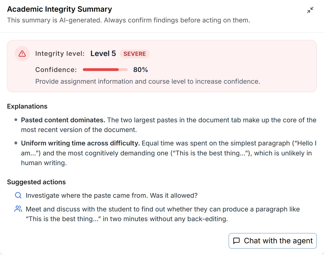 An AI-generated Academic Integrity Summary panel showing an integrity level, a confidence score, explanations citing pasted content and uniform writing time, and suggested next steps for the teacher