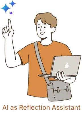 Student with laptop in one hand and another hand pointing at AI icon with text stating AI as reflection assistant. 