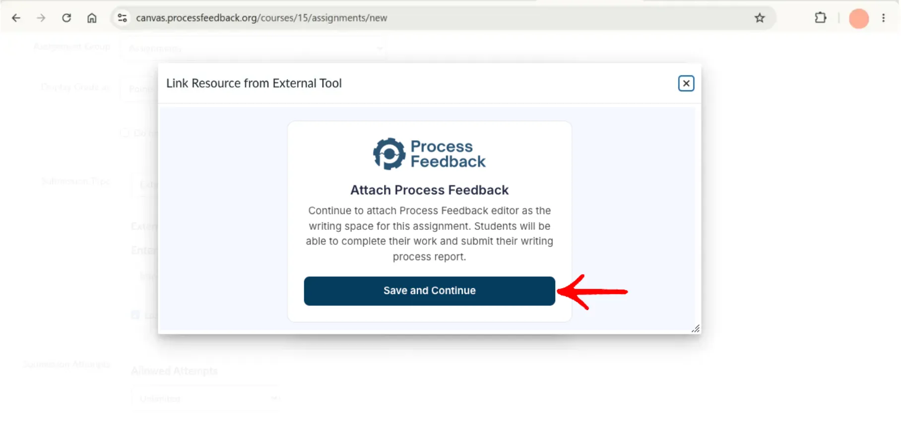 Link Resource from External Tool dialog showing the Attach Process Feedback confirmation with the Save and Continue button highlighted