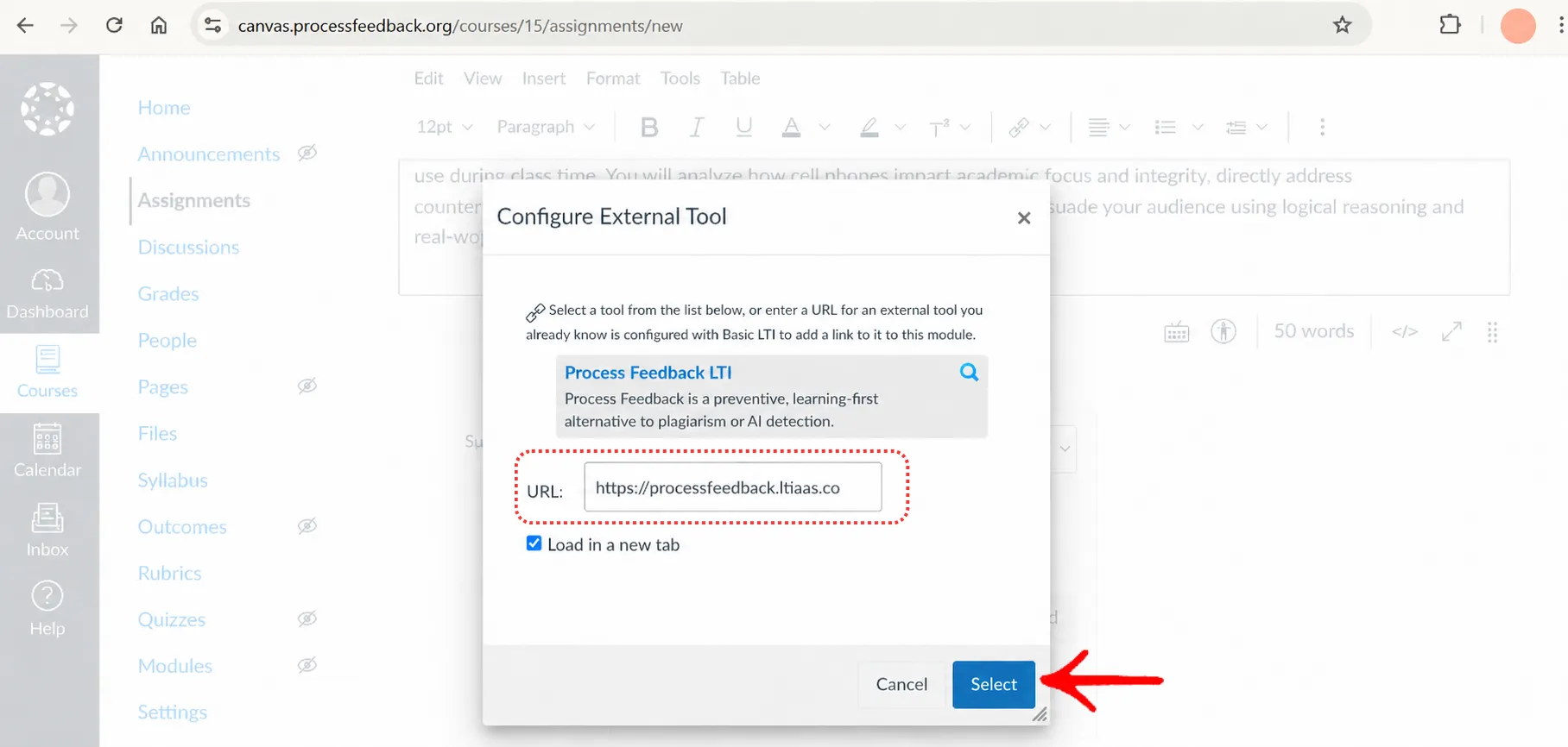 Canvas Configure External Tool dialog with the Process Feedback launch URL filled in and the Select button highlighted