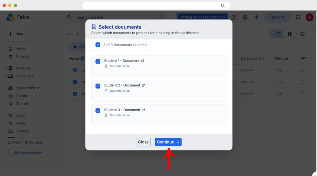 The Process Feedback Select documents dialog showing 3 of 3 student documents selected, with an arrow pointing to the Continue button