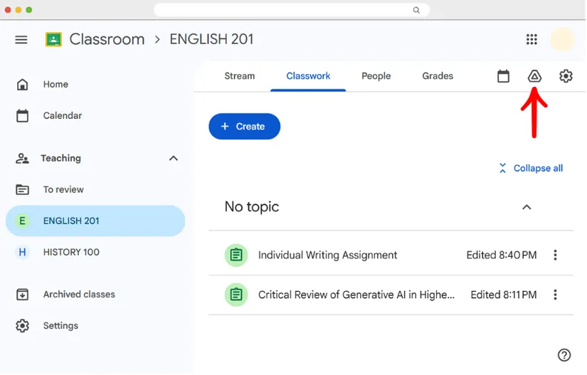 The Classwork tab of a Google Classroom class, with an arrow pointing to the Google Drive folder icon at the top right