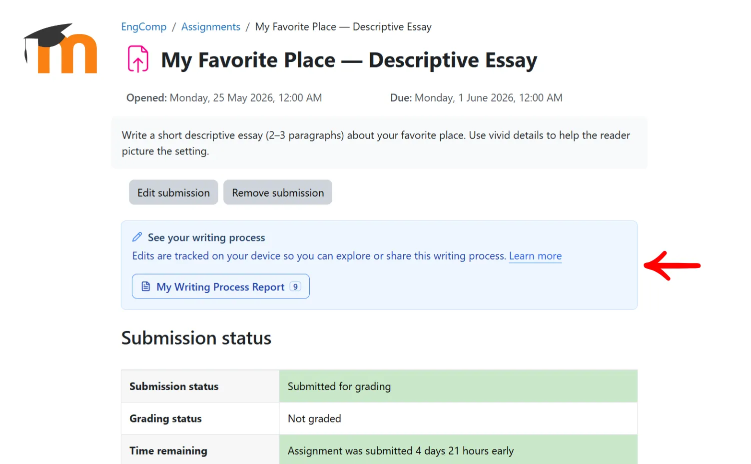 Moodle assignment page after submission, with an arrow pointing to the See your writing process panel above the submission status