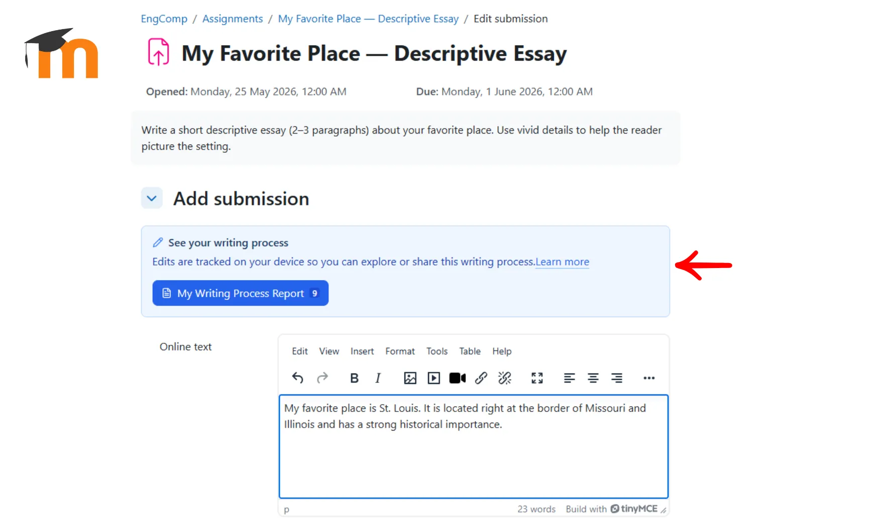 Process Feedback plugin inside a Moodle assignment submission page, showing the 'See your writing process' panel and My Writing Process Report button