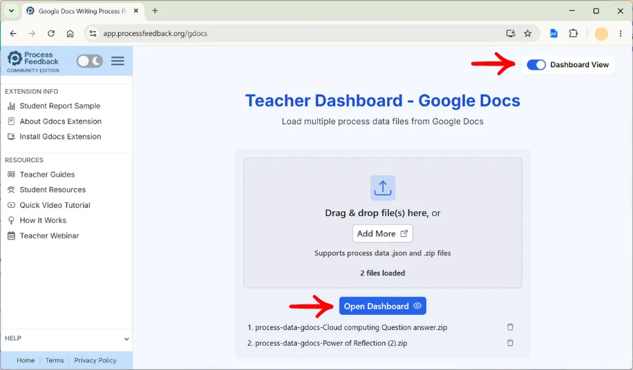 The Teacher Dashboard page for Google Docs with the Dashboard View toggle turned on, two loaded ZIP files, and the Open Dashboard button