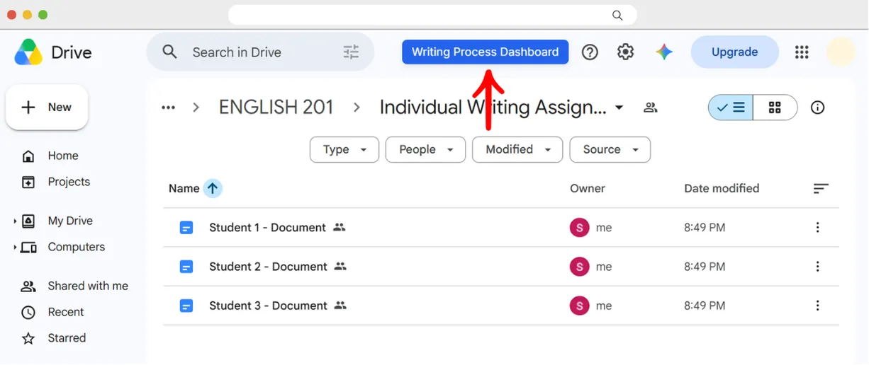 The Google Drive folder for a Google Classroom assignment listing three student documents, with an arrow pointing to the Writing Process Dashboard button at the top