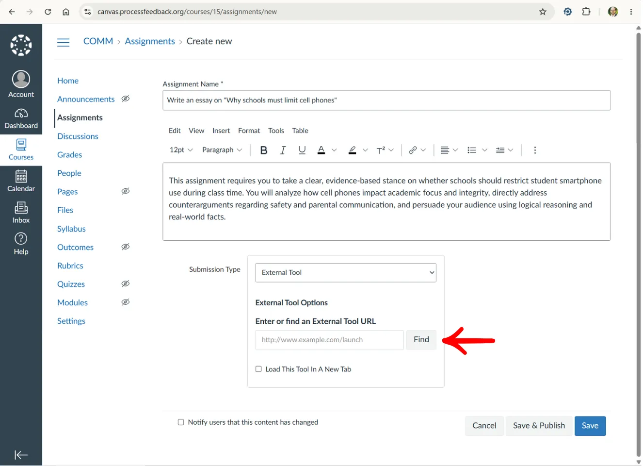 Canvas assignment page with Submission Type set to External Tool and the Find button highlighted
