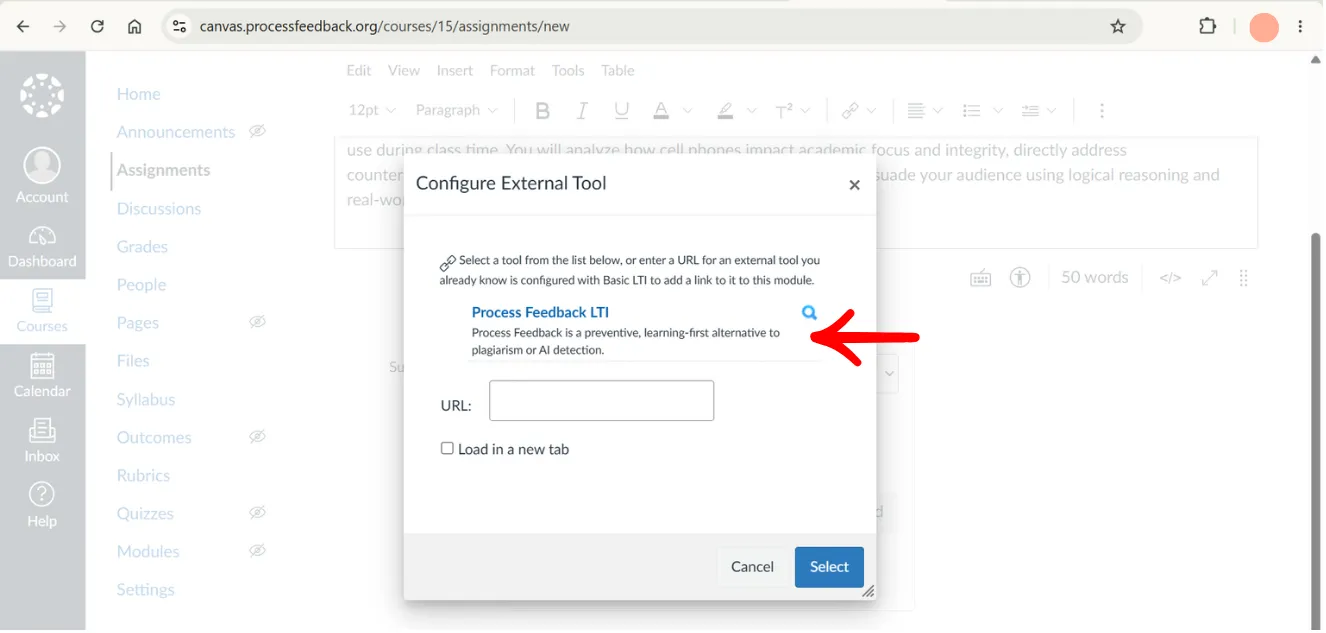 Canvas Configure External Tool dialog listing Process Feedback LTI, with the Select button highlighted