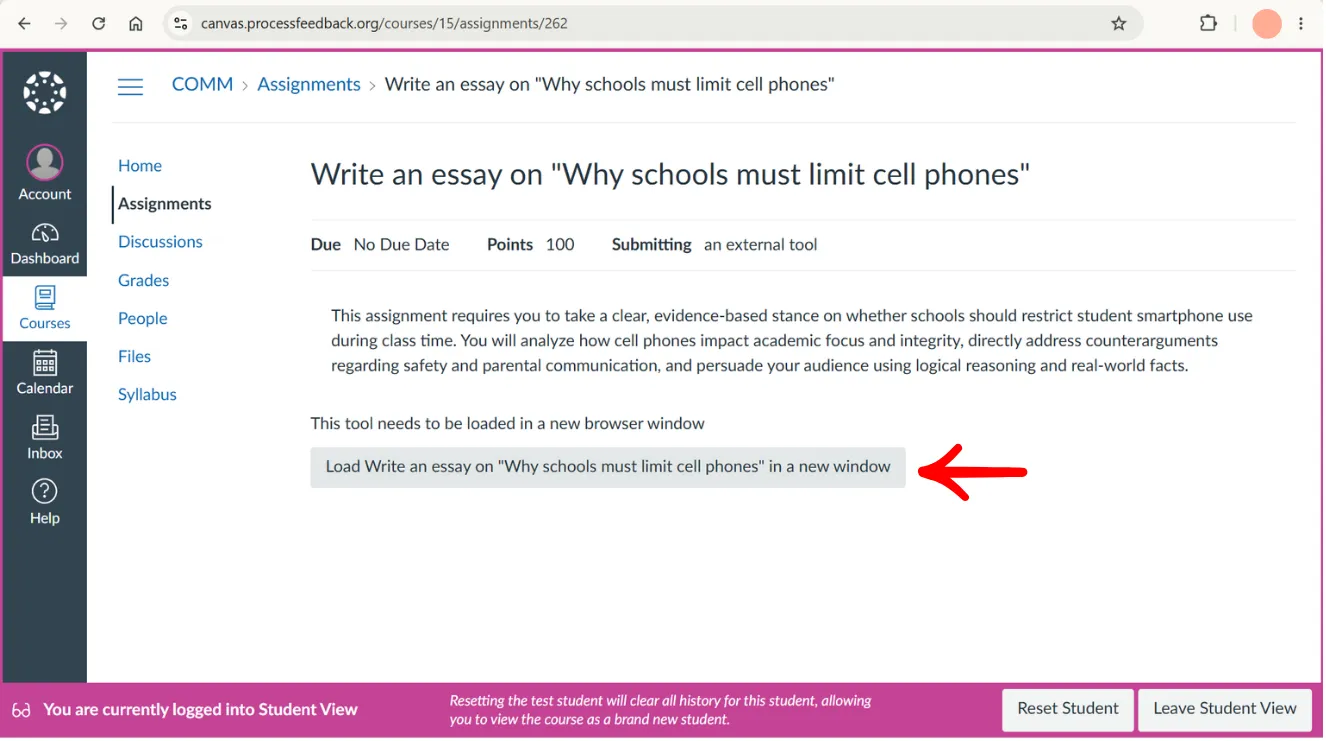 Canvas assignment page in Student View with the Load in a new window button highlighted