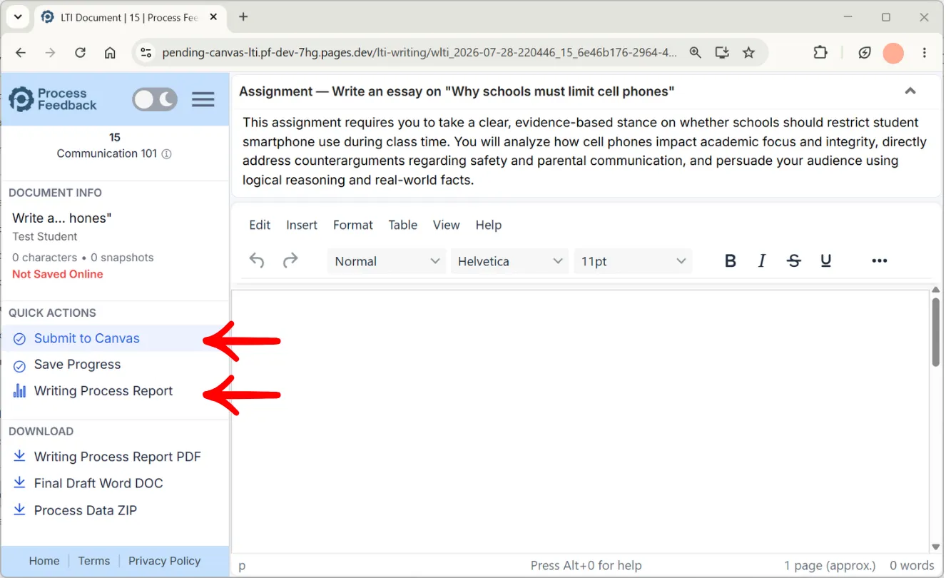 Process Feedback writing space showing the assignment description, the editor, and quick actions for Submit to Canvas and Writing Process Report