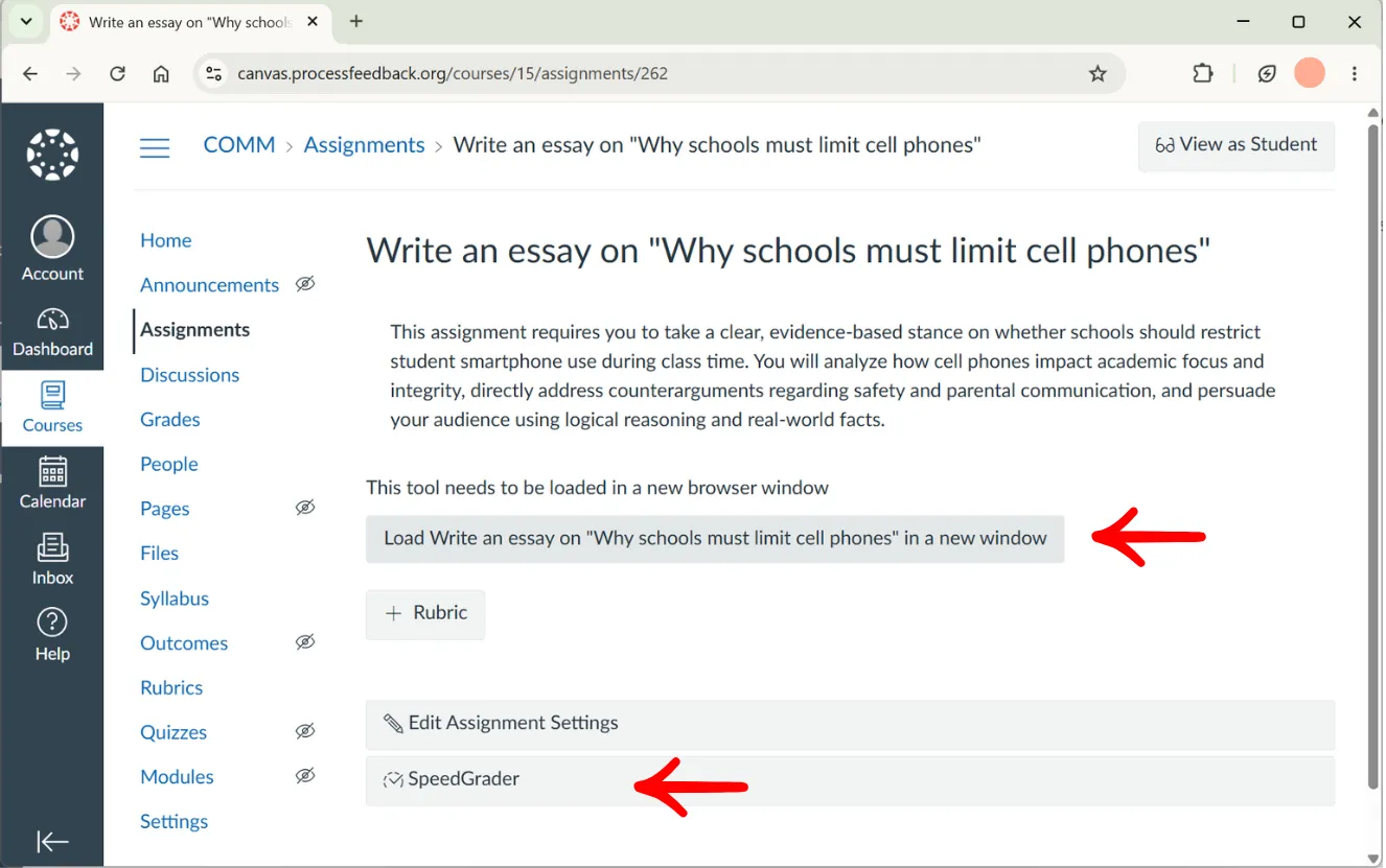 Canvas assignment page in the teacher view with the Load button and the SpeedGrader link highlighted