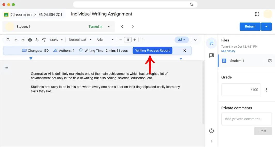 The Google Classroom assignment review page for a turned-in student document, with the Process Feedback ribbon showing changes, authors, and writing time, and an arrow pointing to the Writing Process Report button