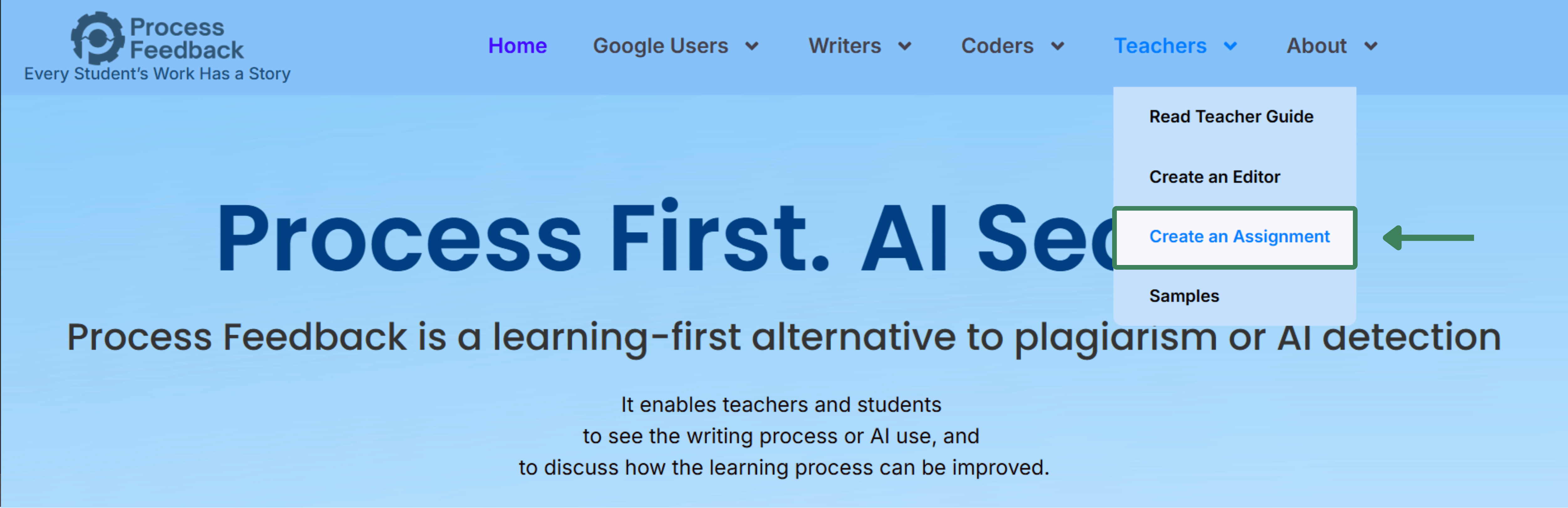 Screenshot of the Teachers menu with the Create an Assignment option highlighted
