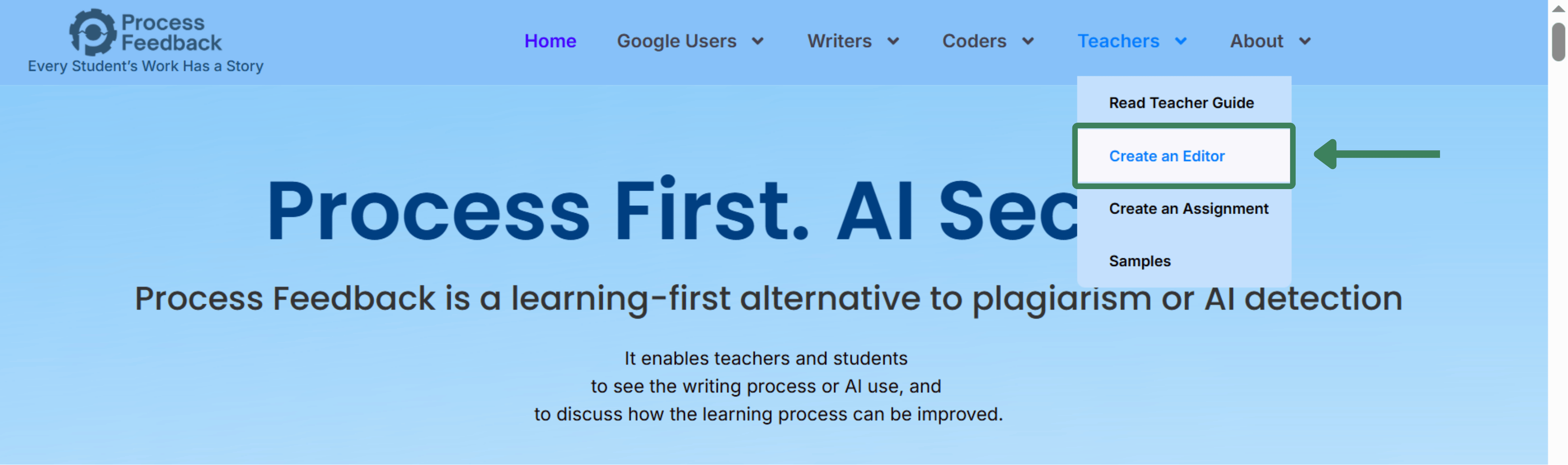 Screenshot of the Teachers menu with the Create an Editor option highlighted