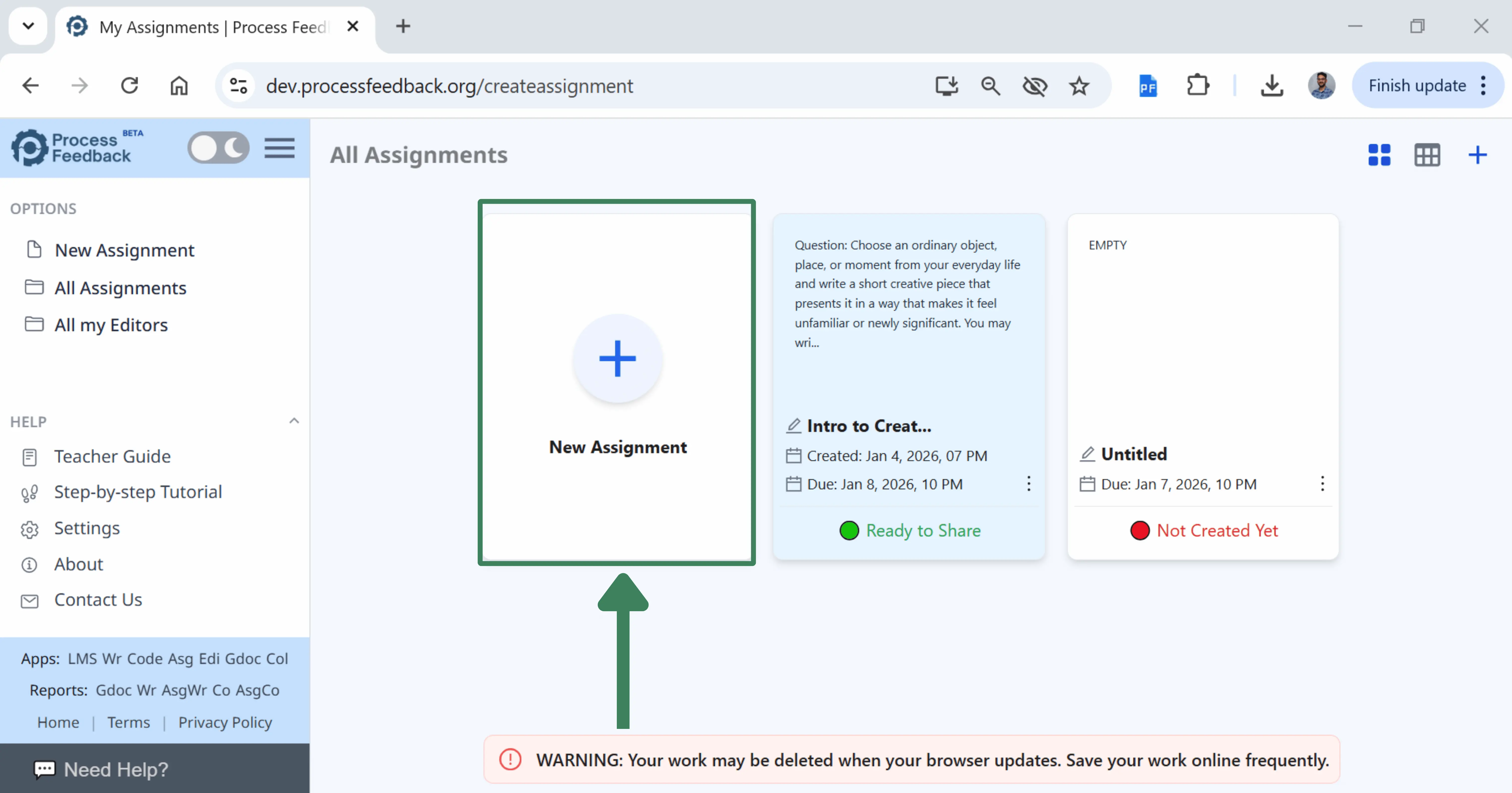 Screenshot of the assignment page showing the New Assignment button