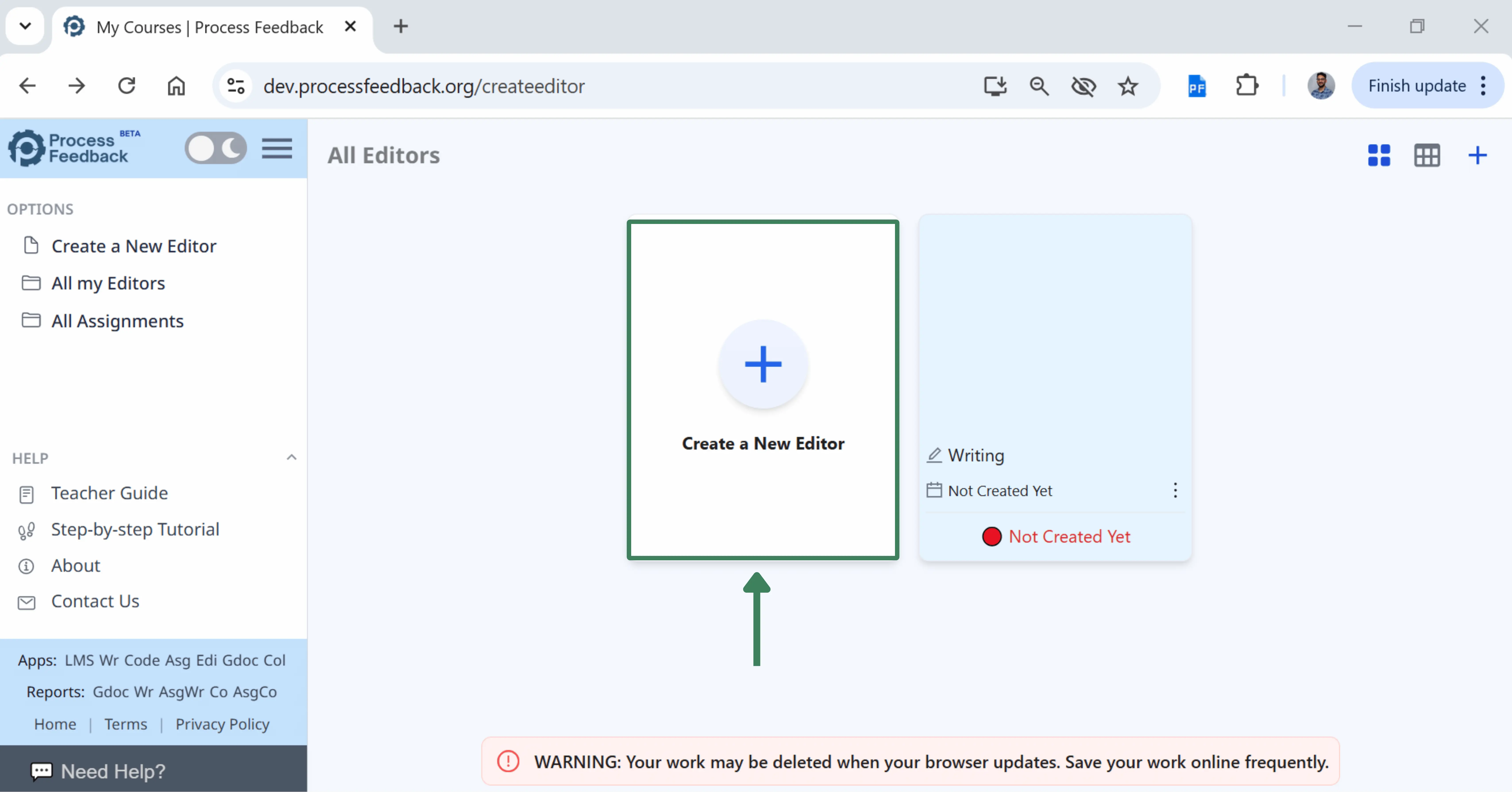 Screenshot of the editor page showing the create a new editor action