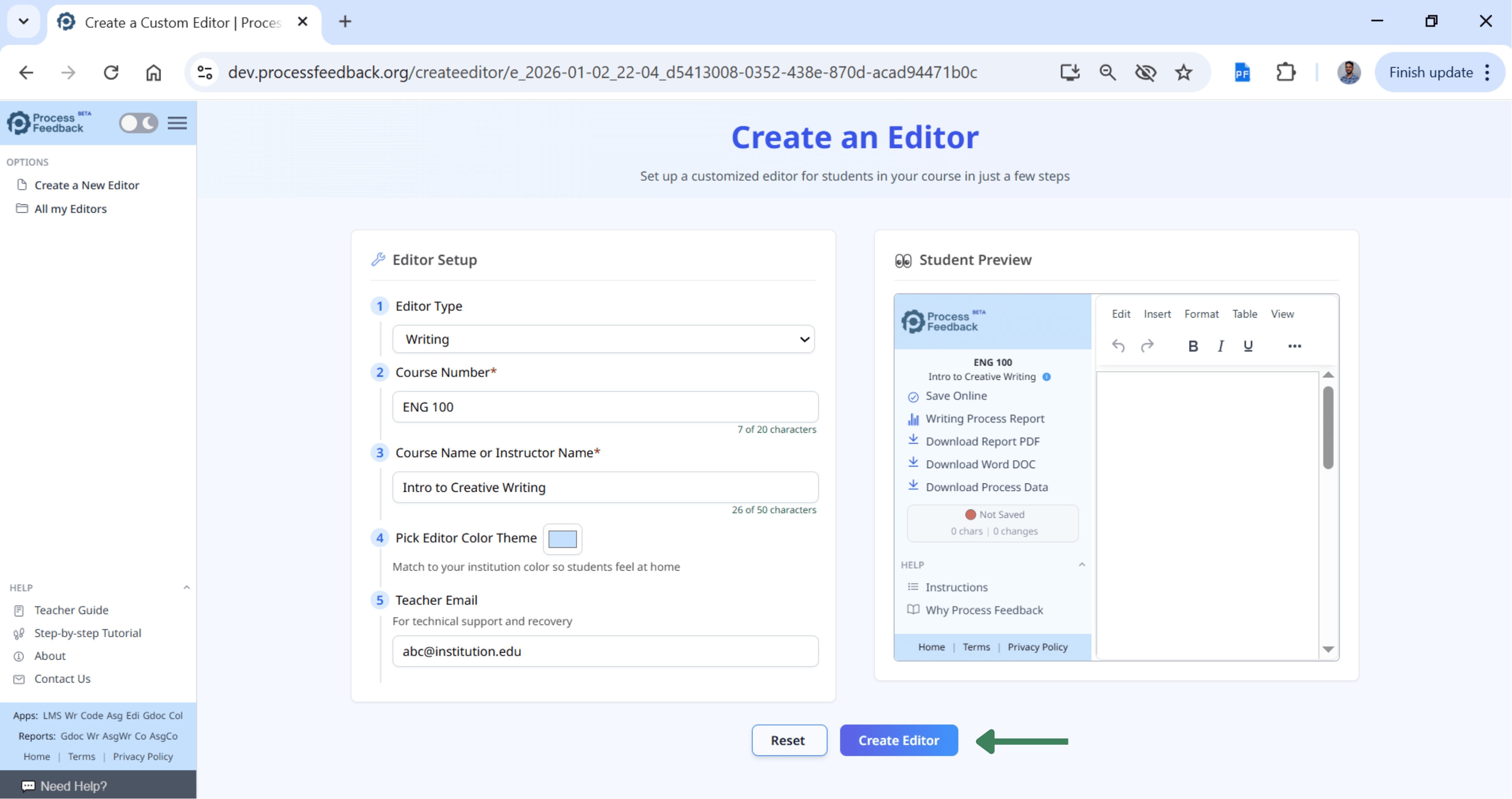 Screenshot of the create editor form with writing and coding editor options