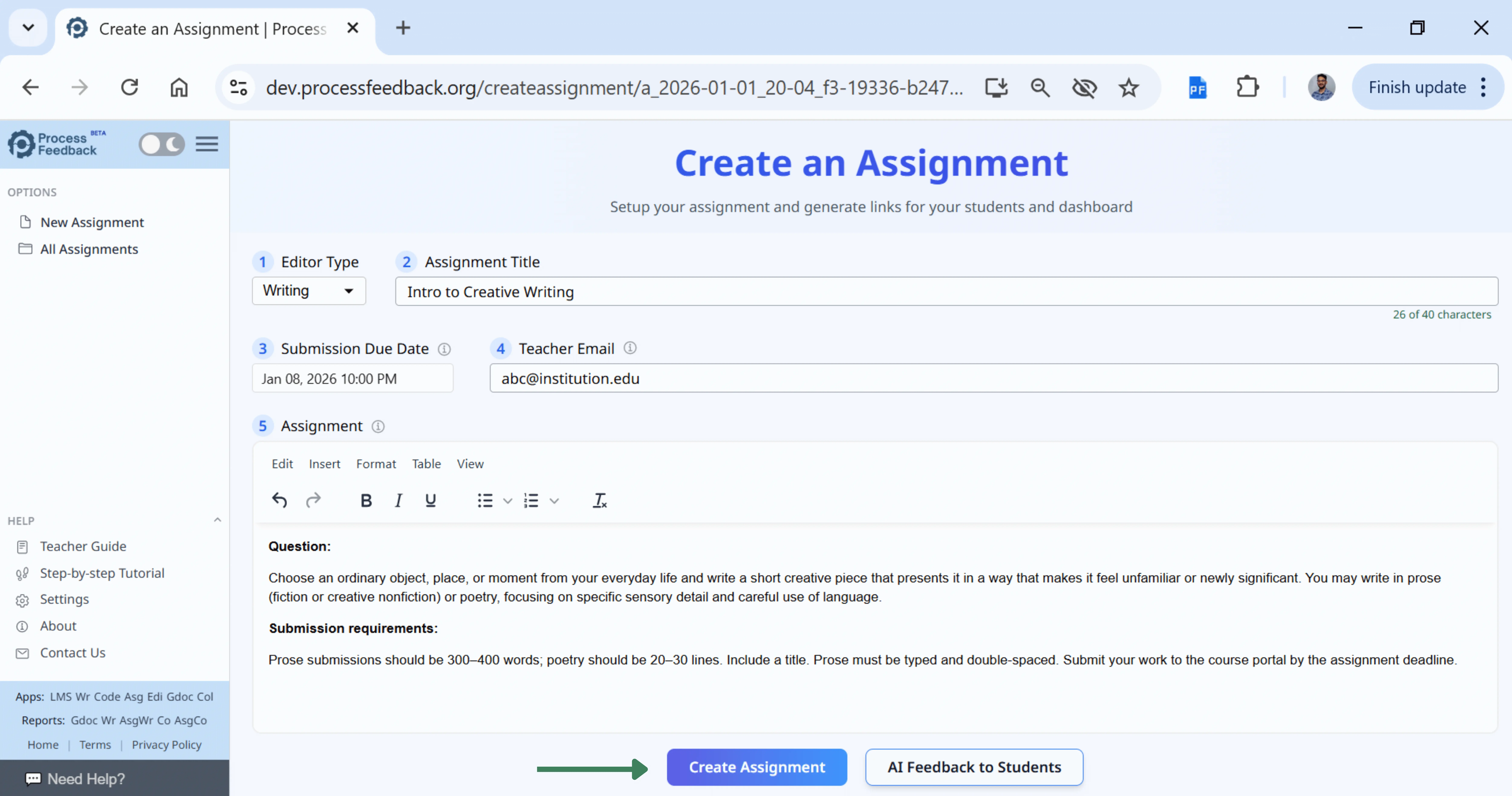 Screenshot of the create assignment form with assignment details fields