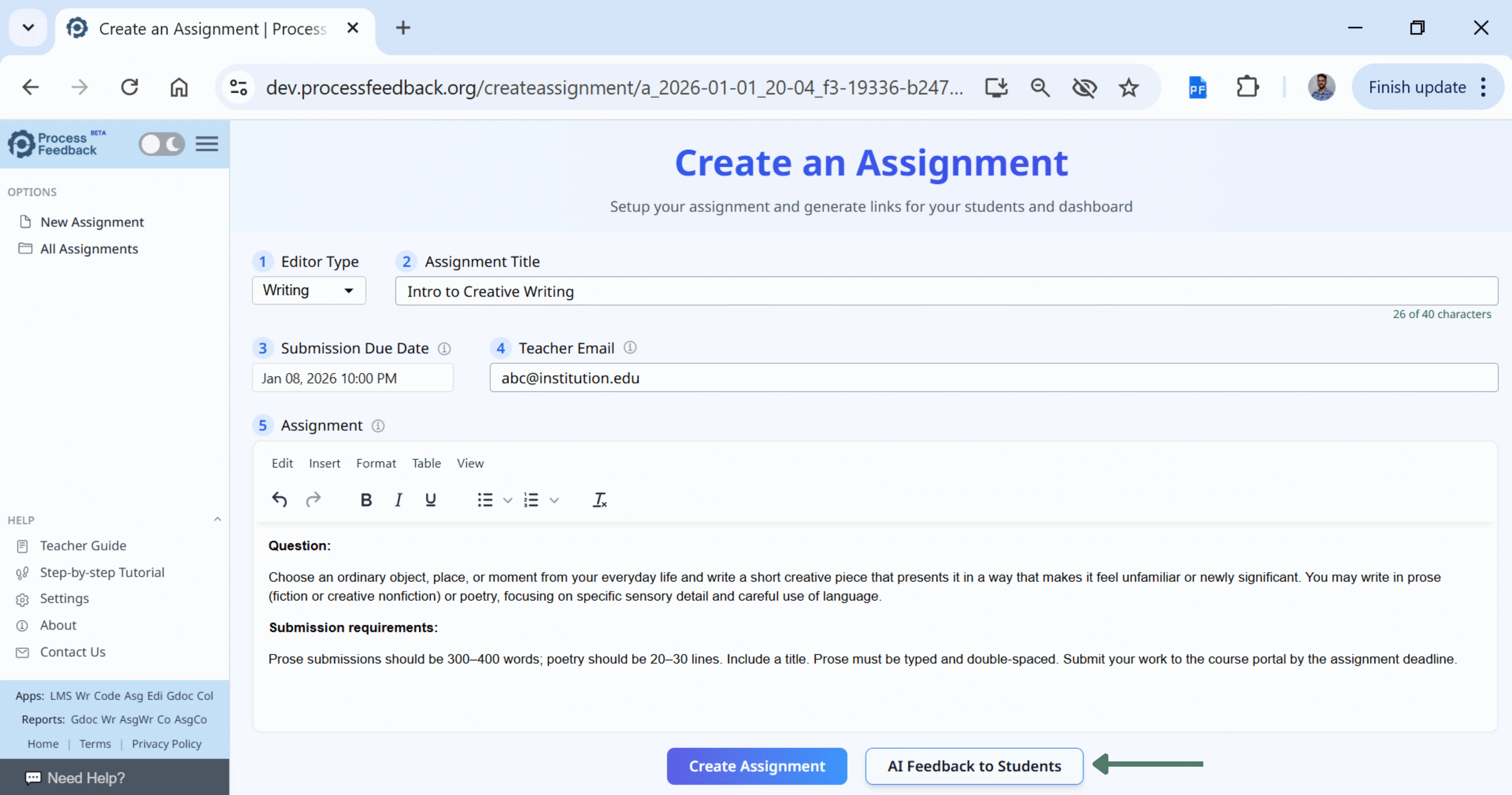 Screenshot of the AI feedback for students option in the assignment settings