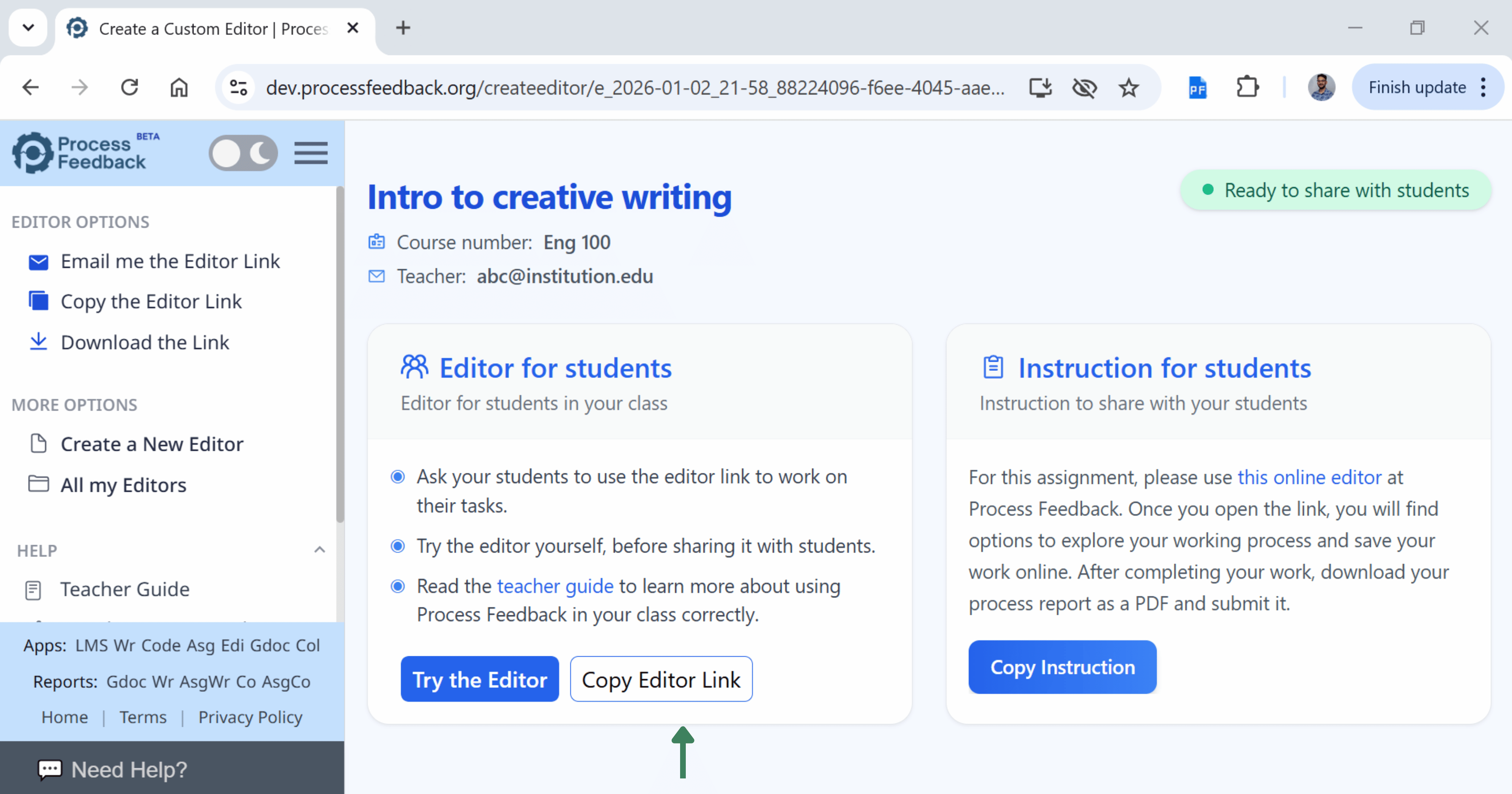 Screenshot of the created editor page showing copy editor link and sharing options