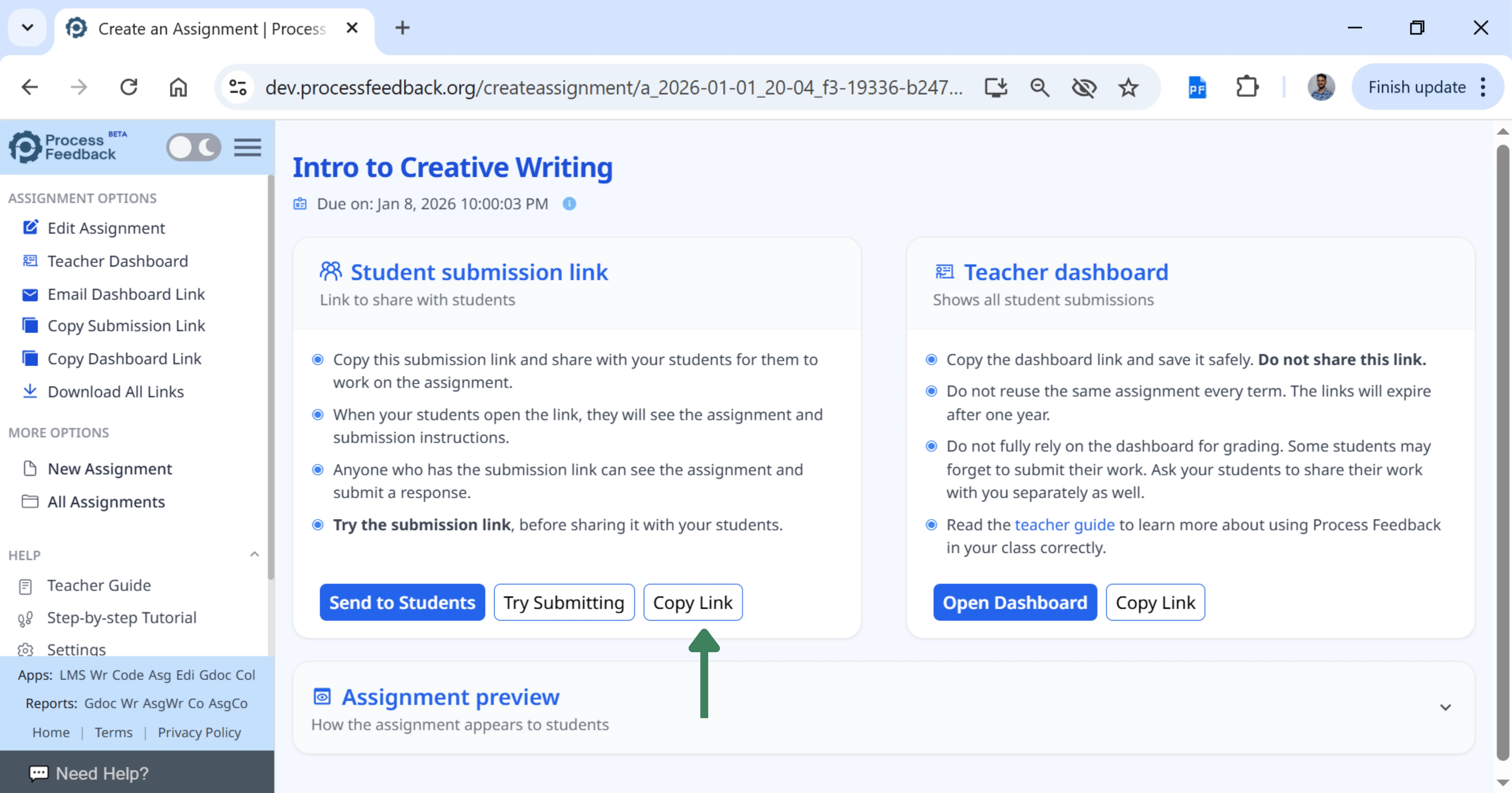 Screenshot of the assignment page showing sharing options and the copy assignment link controls