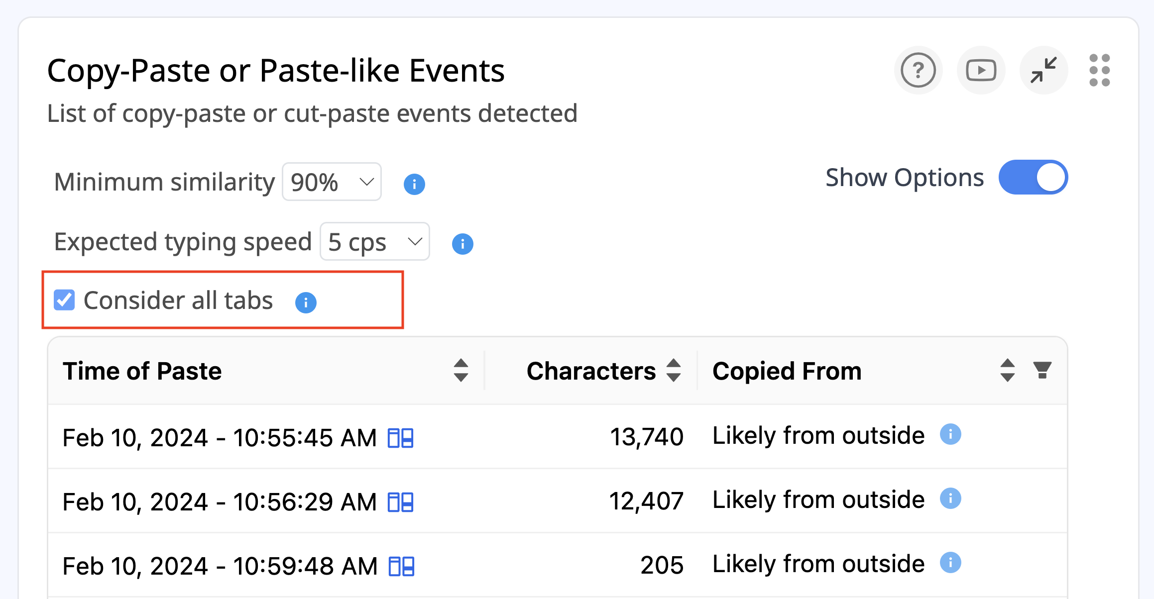 Screenshot of the Paste Events section with the Consider all tabs option enabled
