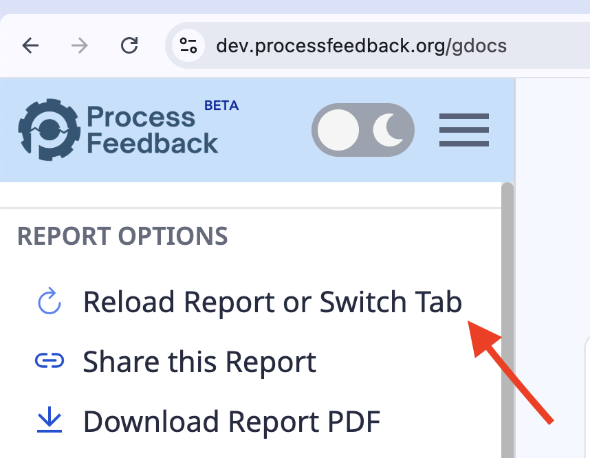 Screenshot of the Process Feedback sidebar showing the Reload Report or Switch Tab option