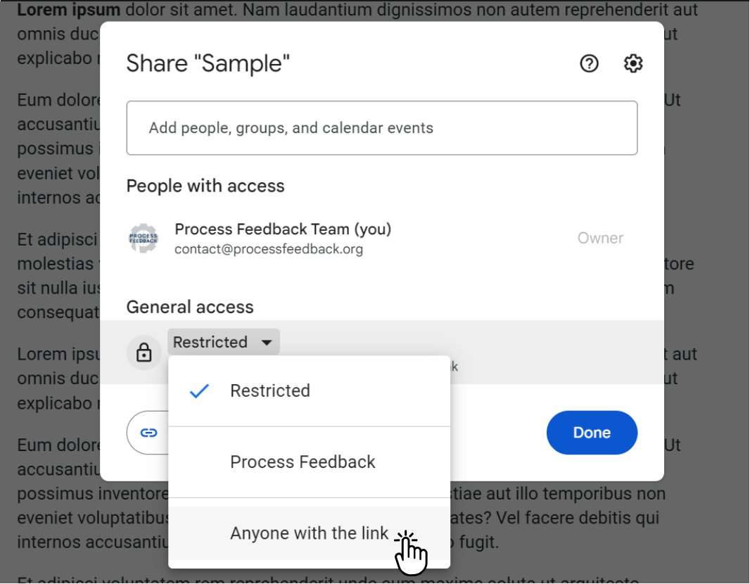 Screenshot of the Google Docs sharing dialog with Anyone with the link selected