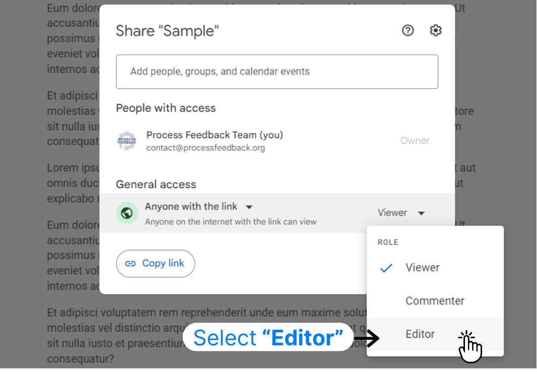 Screenshot of the Google Docs sharing dialog with the permission changed from Viewer to Editor