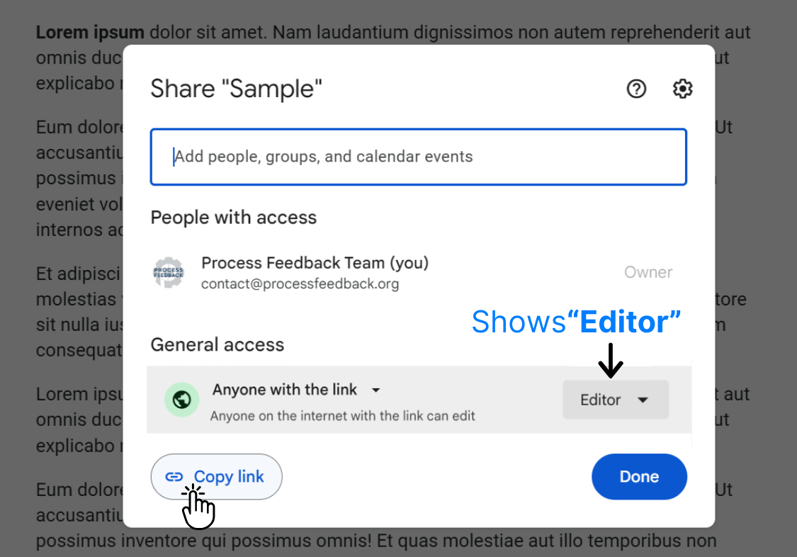 Screenshot of the Google Docs sharing dialog with the Copy link button visible