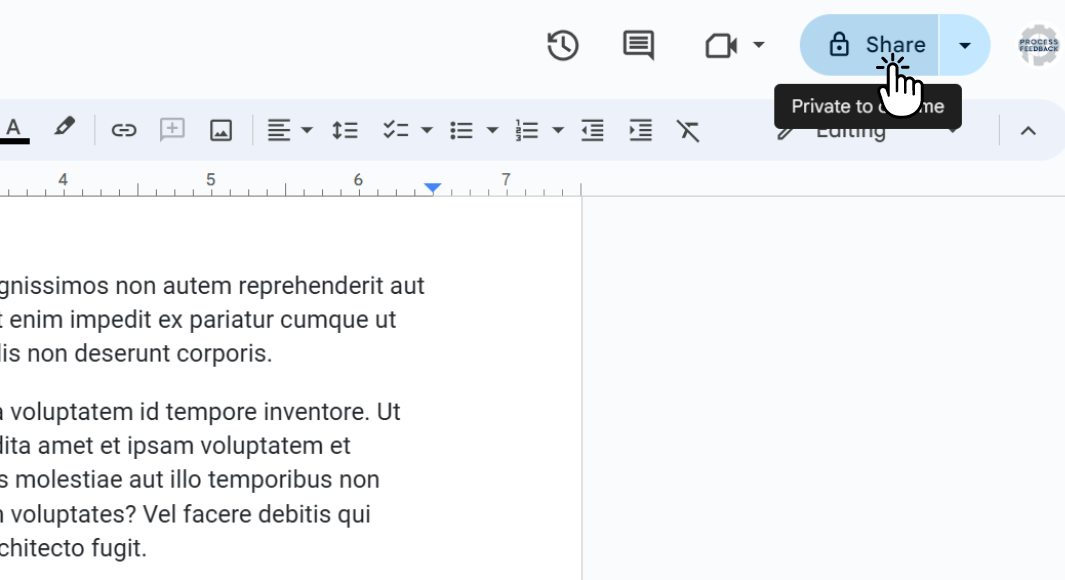 Screenshot of a Google Docs document with the Share button highlighted