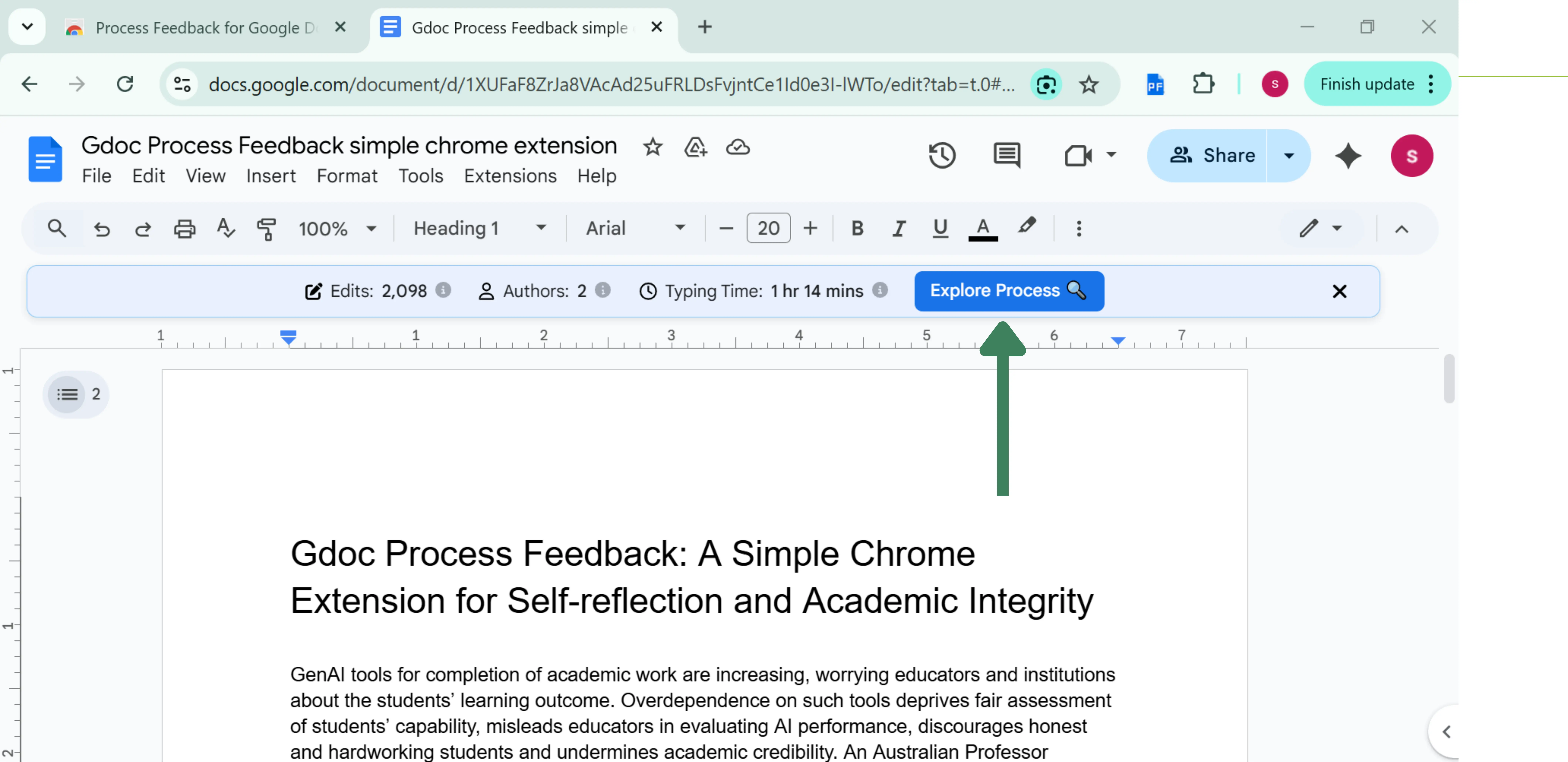 Screenshot of Google Docs showing the Explore Process button in the new banner