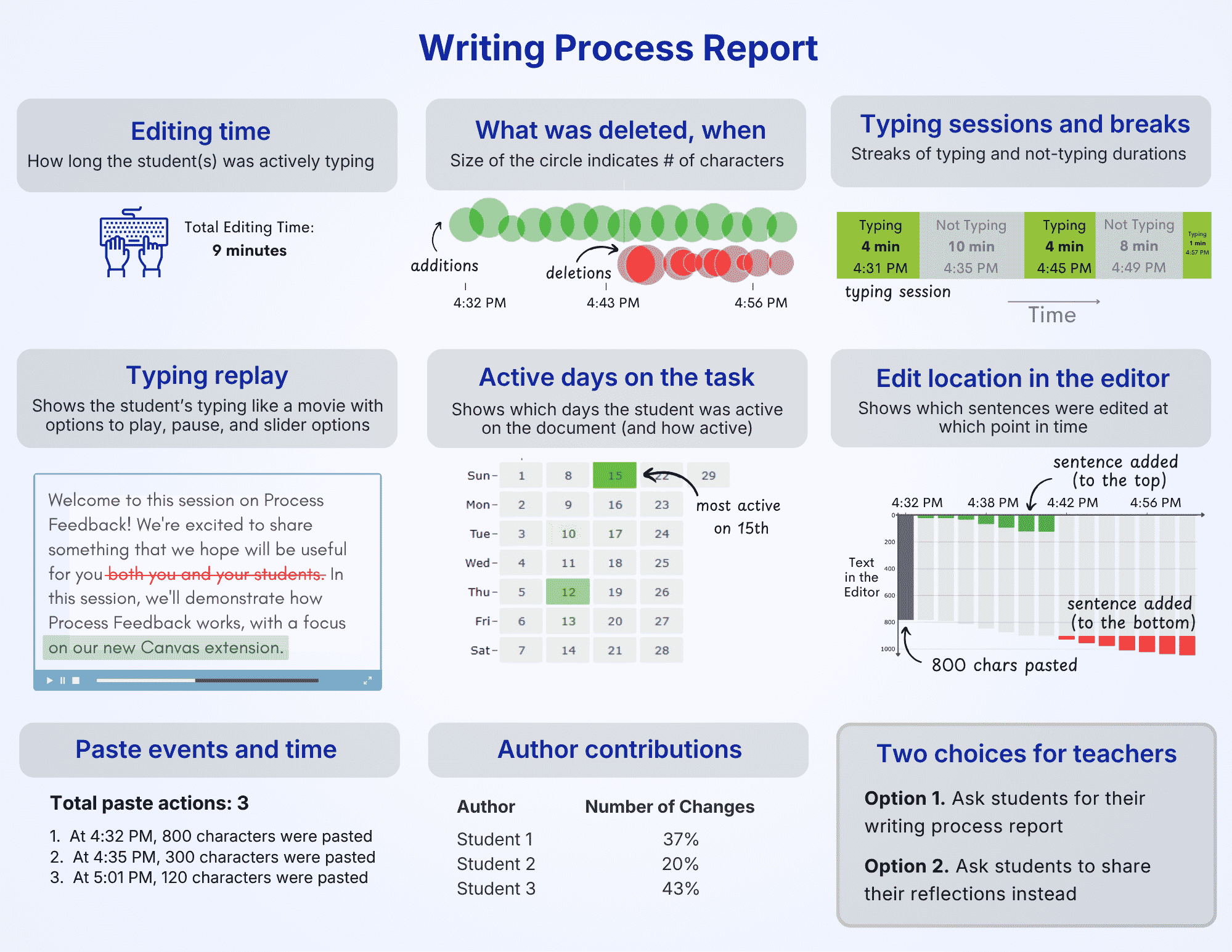Sample writing process report showing a timeline of writing and revision activity.